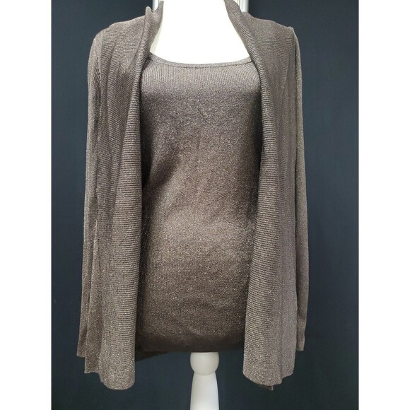 St. John Couture Knit 2 Pc Brown Gold Sparkle Cardigan Tank Top Set Size Small